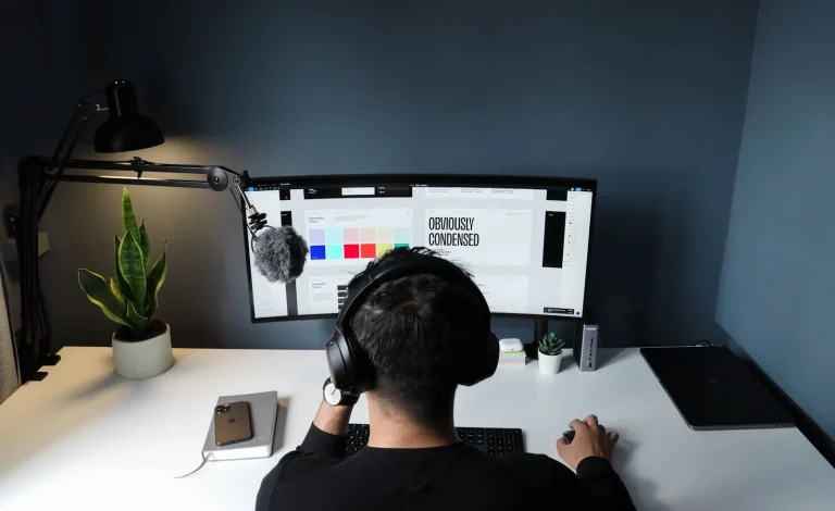 Ce inseamna freelancer man in black shirt sitting in front of computer